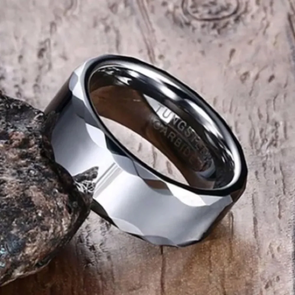 Silver Tungsten Carbide 8mm Faceted Beveled Hammered Edge Band Ring High Shine